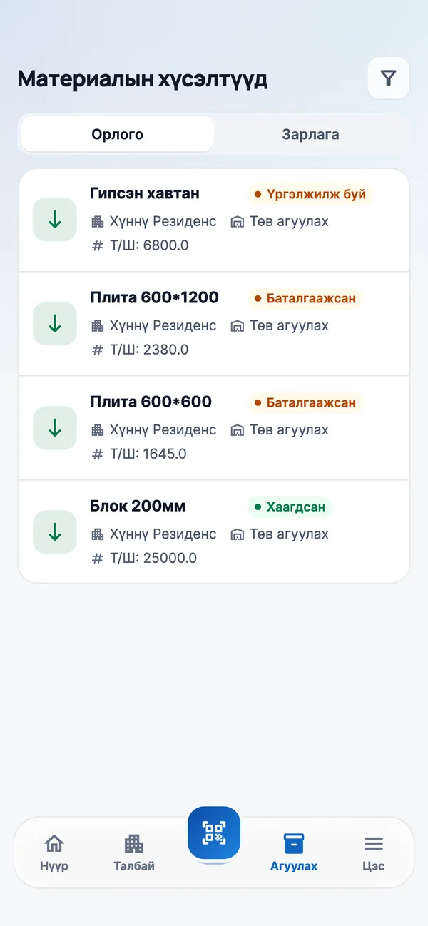 Материалын хүсэлт талбайгаас утсаар.